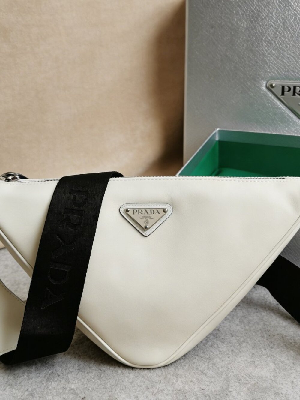 Prada Triangle Leather Shoulder Bag White